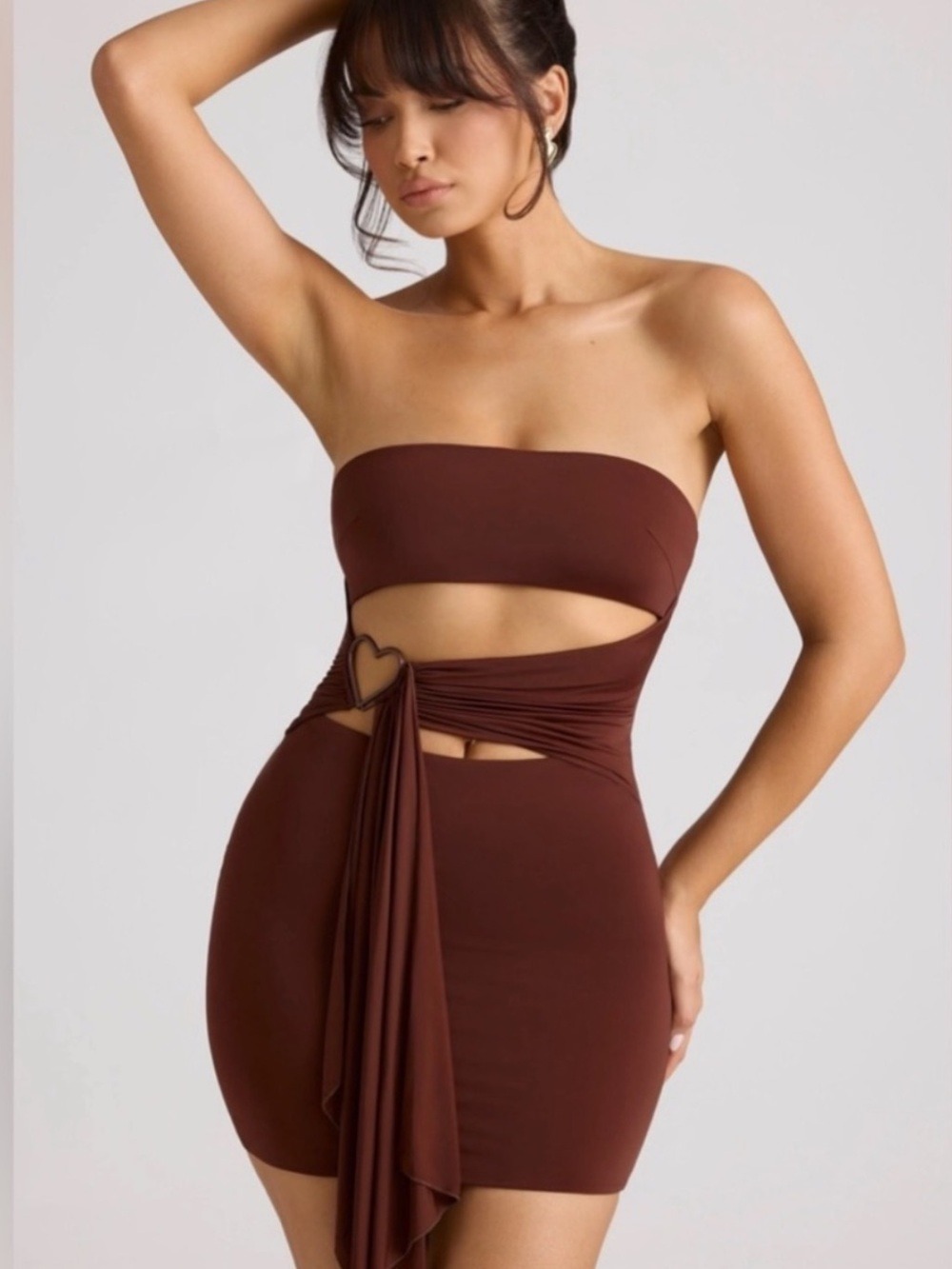 Oh Polly Natalya Bandeau Heart Hardware Cut Out Mini Dress in Brown